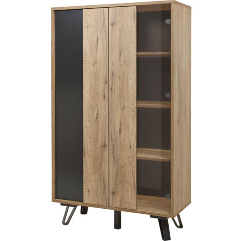 CARSON - Vitrine 2 Portes Effet Bois Naturel et Noir avec Leds