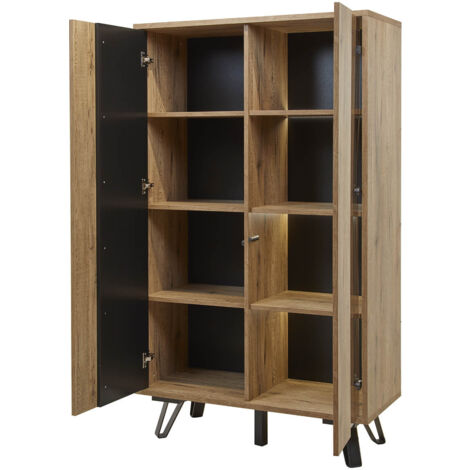 CARSON - Vitrine 2 Portes Effet Bois Naturel et Noir avec Leds