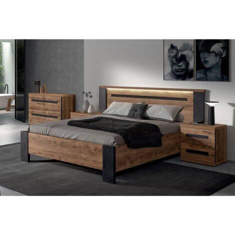 CANDAS - Chambre 160x200cm + Chevets + Commode Effet Bois (1/5)