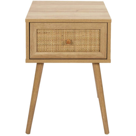 Altobuy – Chevet 1 tiroir en panneaux de particules effet bois – Façade rotin – Dimensions 39x39x55,4cm – Piétement en eucalyptus (1/5)