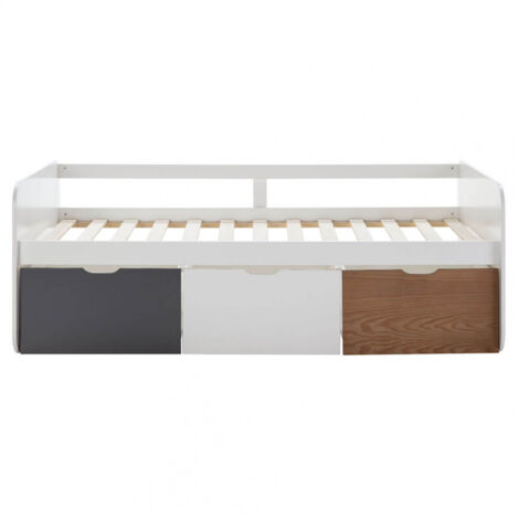 ZELLA - Lit 90x190cm + 3 Tiroirs Blanc, Gris et Effet Bois (1/5)