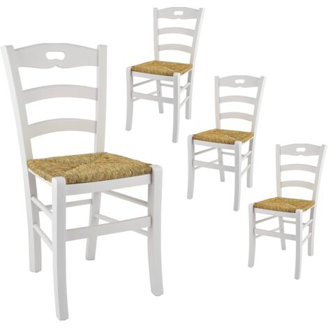 SUZY - Lot de 4 Chaises Laquées Blanc et Assises en Paille (1/2)