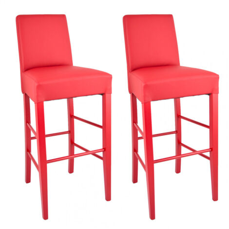 TONY - Lot de 2 Tabourets Laqués Rouge et Assise Simili Cuir Rouge (1/2)