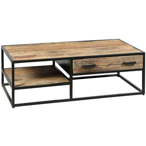 TANETOA - Table Basse 1 Tiroir en Teck Recyclé et Métal (1/3)
