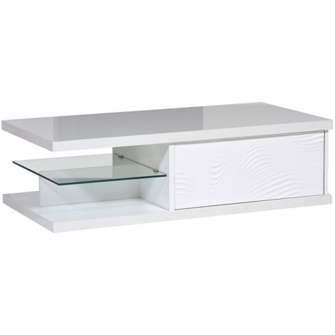 DAYTON WHITE - Table Basse 1 Tiroir Laquée Blanche à Relief (1/5)
