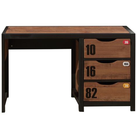 TCHAD - Bureau 3 Tiroirs en Pin Massif avec Motifs (1/3)