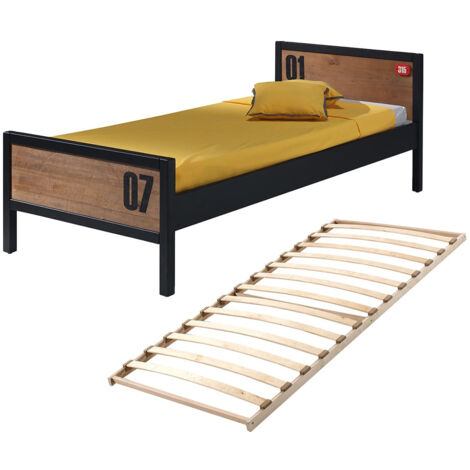 TCHAD - Lit 90x200cm en Pin Massif avec Sommier (1/4)
