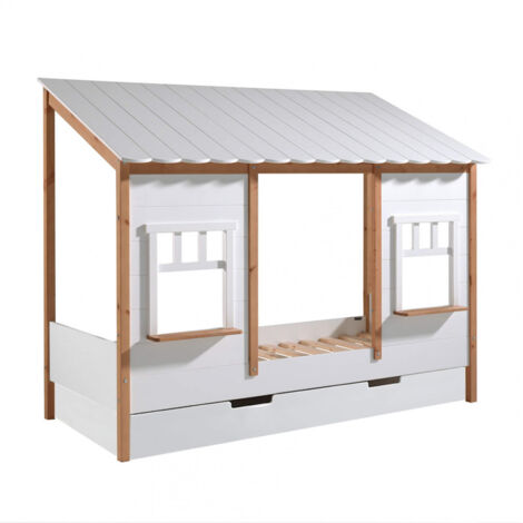 LAKA - Lit Maison 90x200cm Blanc et Pin Naturel avec Tiroir (1/5)