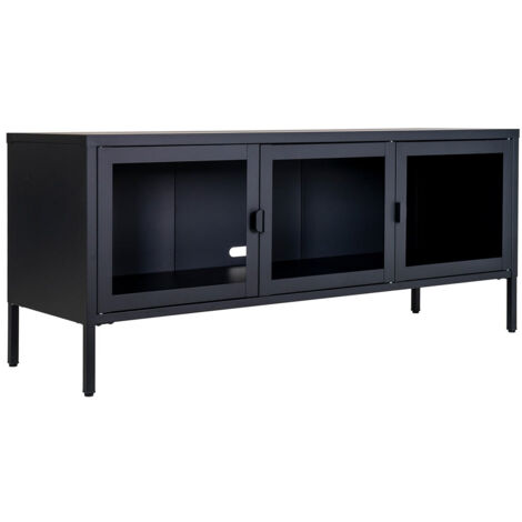 HENDRA - Meuble TV 3 Portes Verre et Acier Noir (1/4)