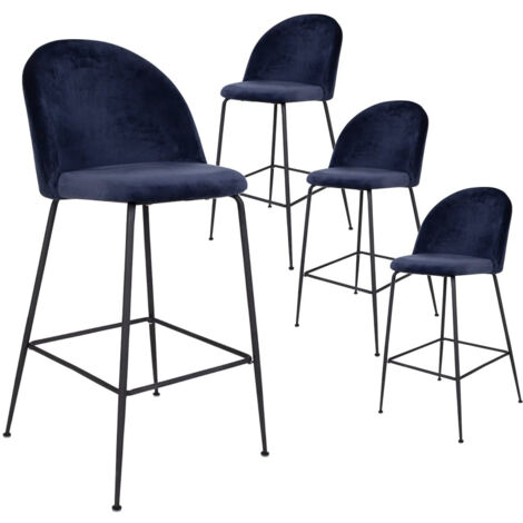 MEYRIN - Lot de 4 Chaises Hautes Velours Bleu et Pieds Métal Doré