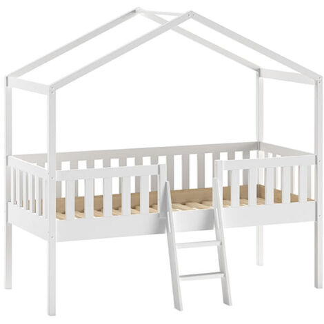 ARKAN - Lit Cabane Surélevé 90x200cm en Pin Massif Blanc (1/3)