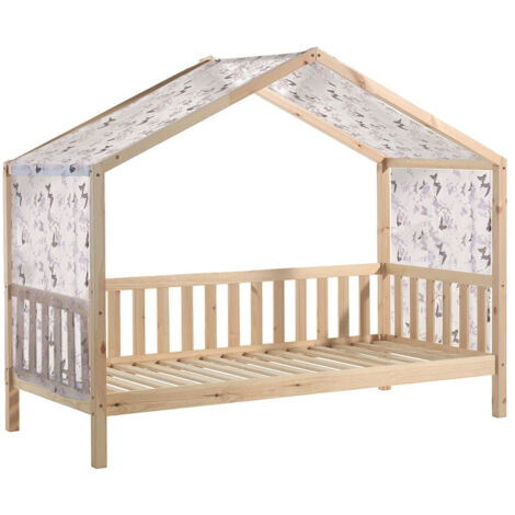 ARKAN - Lit Maison à Barrières 90x200cm Pin Naturel + Voile (1/4)
