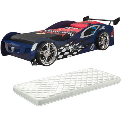 TURBO - Lit Voiture 90x200cm Bleu Style Racing avec Matelas (1/2)