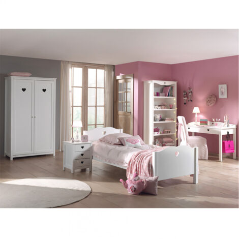 MILADY - Lit 90x200cm avec Sommier + Chevet + Armoire 2P + Pack Bureau (1/5)