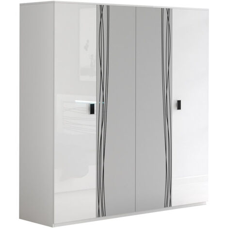 CADIRY - Armoire 4 Portes avec Miroir Blanche Sérigraphiée (1/2)
