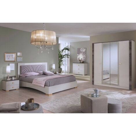 Altobuy – Chambre complète 160x200cm crème et bronze avec éclairage led – Lit, 2 chevets, commode, armoire – Fabrication italienne