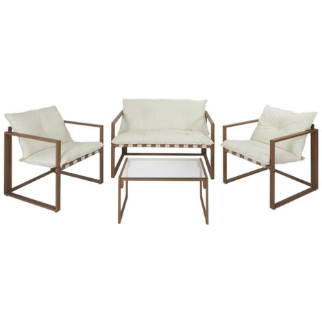 USHA - Salon de Jardin 4 Pièces Marron et Blanc + Coussins (1/5)