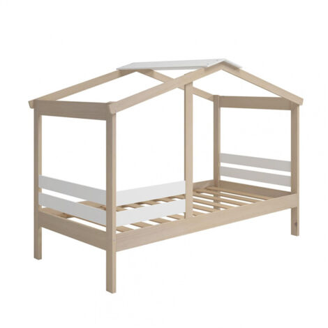 MESSA - Lit Cabane 90x190cm MDF et Pin Coloris Blanc et Naturel (1/4)