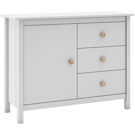 DAVA - Meuble de Rangement 1 Porte 3 Tiroirs en Pin Massif Blanc (1/5)