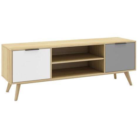 BORGH - Meuble TV 140cm 2 Portes Scandinave Pin Massif Gris, Blanc et Effet Chêne (1/5)