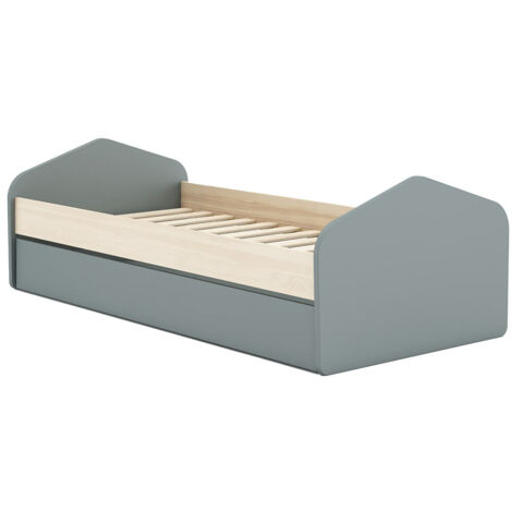 KAINA - Lit 90x200cm avec Tiroir en MDF et Pin Coloris Gris Vert et Naturel (1/5)