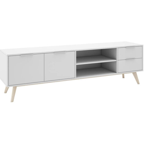 BLAJK - Meuble TV 180cm 2 Portes 2 Tiroirs Scandinave MDF et Pin Massif Naturel et Blanc (1/5)