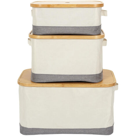 LAZEN - Lot de 3 Panières Bambou avec Couvercle Tissu Blanc et Gris (1/5)
