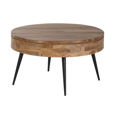 BONAA - Table Basse Ronde Ø90cm Bois d'Acacia Pieds Métal Noir (1/5)