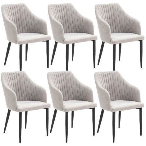 FASCA - Lot de 6 Fauteuils Tissu Gris Clair Surpiqures Verticales Pieds Métal Noir (1/5)
