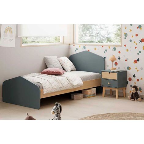 KAINA - Pack Lit 90x190cm + Chevet 2 Tiroirs Coloris Gris et Naturel (1/5)