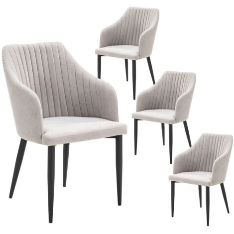 FASCA - Lot de 4 Fauteuils Tissu Gris Clair Surpiqures Verticales Pieds Métal Noir (1/5)