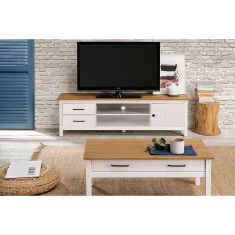 Altobuy – Pack salon meuble TV 1 porte 2 tiroirs et table basse 1 tiroir – Bois ciré et blanc – Dimensions meuble TV 158x40xH47cm – Table 100x55xH40cm (1/5)