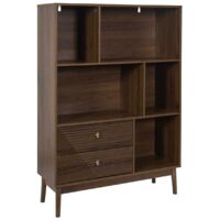 Bibliothèque 2 tiroirs 5 niches en bois et MDF pieds en pin teinté chêne foncé - COLETTE