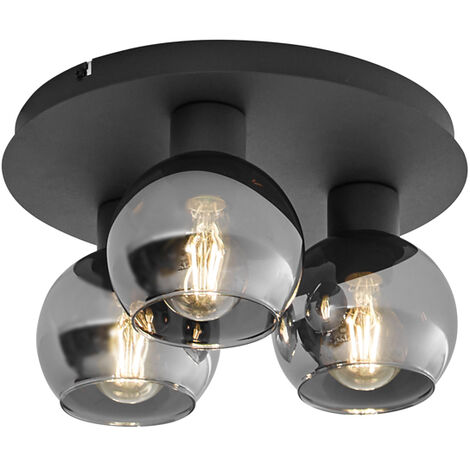 Art Deco Ceiling Light Black with Smoke Glass 3-Light - Vidro