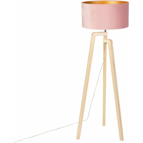 Tripod Floor Lamp Wood with Pink Velvet Lampshade 50 cm - Puros (1/4)