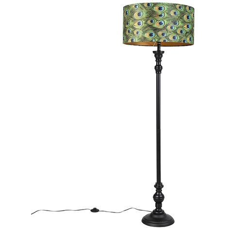 Floor Lamp Black with Velvet Lampshade Peacock Gold 50 cm - Classico (1/4)