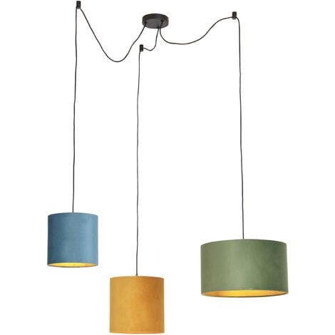 Pendant Light with Velvet Shades Green, Yellow and Blue - Cava