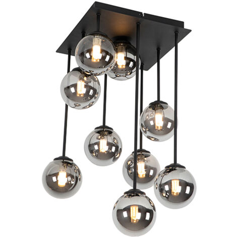 Modern Ceiling Light Black 9-Light with Smoke Glass - Athens