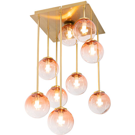 Art Deco Ceiling Light Gold with Pink Glass 9-Light - Athens