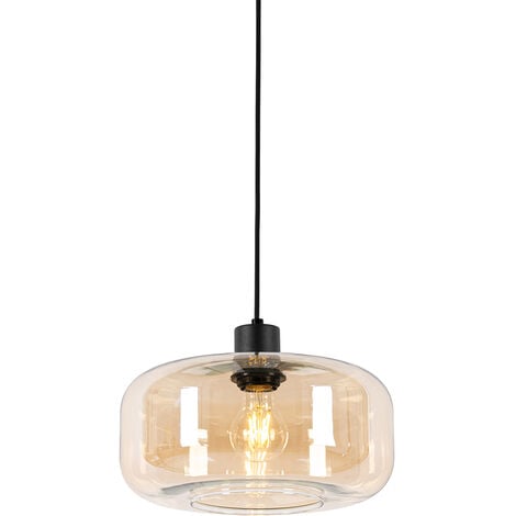 Art Deco Pendant Light Black with Amber Glass - Bizle