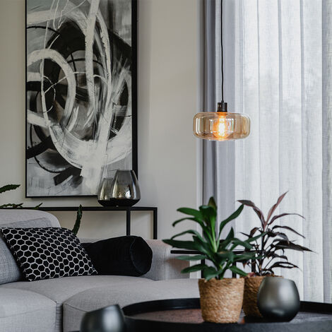 Art Deco Pendant Light Black with Amber Glass - Bizle