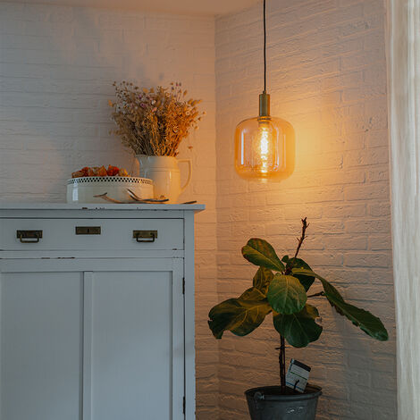 Design Pendant Light Black with Brass and Amber Glass - Zuzanna
