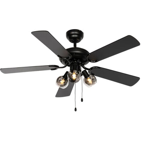 Ceiling Fan Black with Wood Print 107.5cm 3-Lights with Pull Switch - Mistral Vidro
