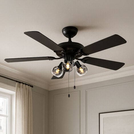 Ceiling Fan Black with Wood Print 107.5cm 3-Lights with Pull Switch - Mistral Vidro