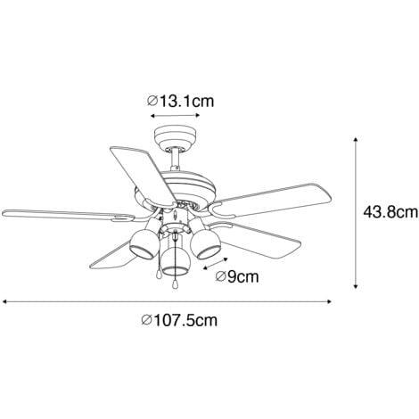 Ceiling Fan Black with Wood Print 107.5cm 3-Lights with Pull Switch - Mistral Vidro