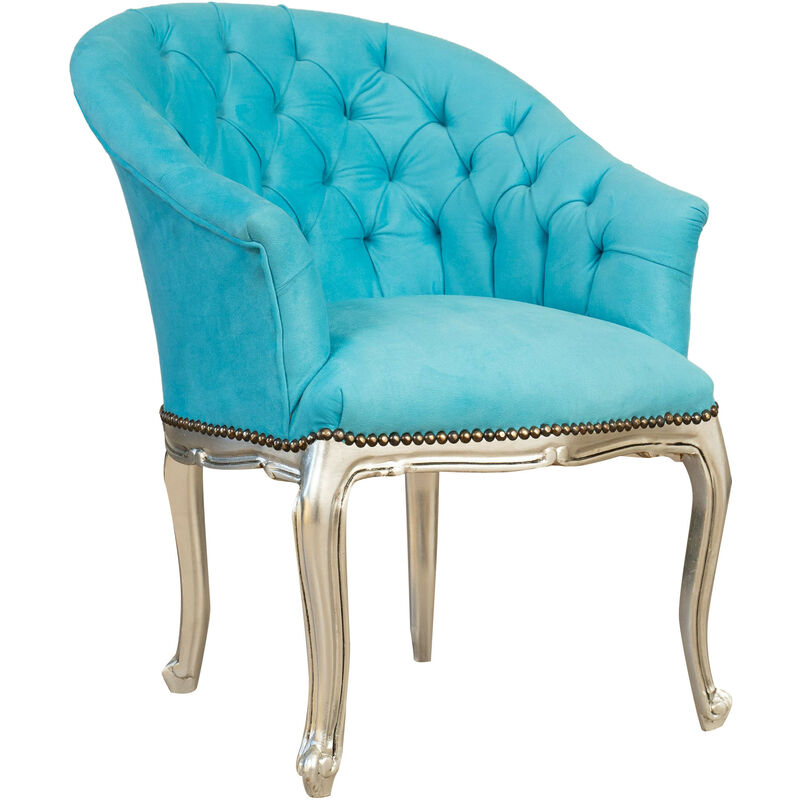 Poltrona barocca 87x68x67 cm Sedie luigi XVI anticata in argento Stile  francese Poltroncina camera da letto in velluto azzurro