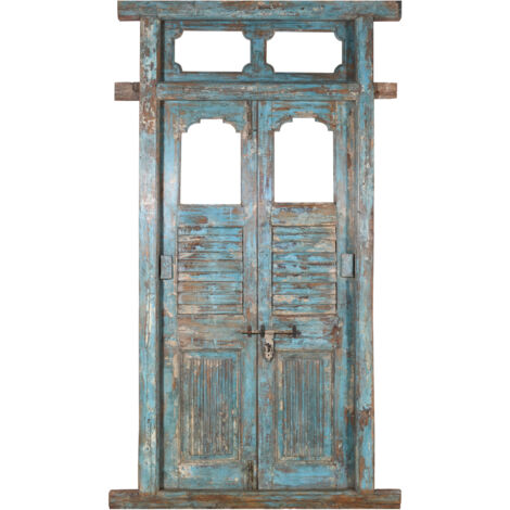 Porta portone in legno massello e ferro da interno o da esterno vecchia e antica medievale con telaio e vetro (1/5)