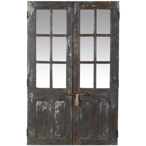 Porta portone in legno massello e ferro da interno o da esterno vecchia e antica medievale con vetro (1/5)