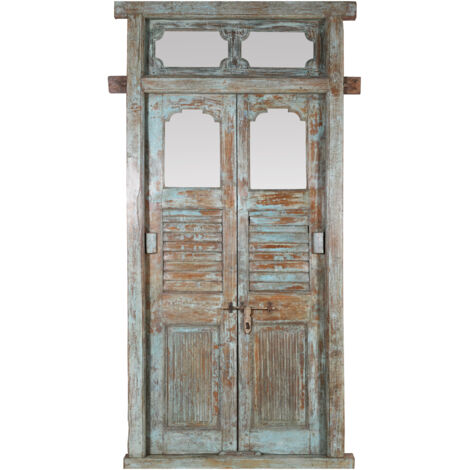 Porta portone in legno massello e ferro da interno o da esterno vecchia e antica medievale con telaio e vetro (1/4)