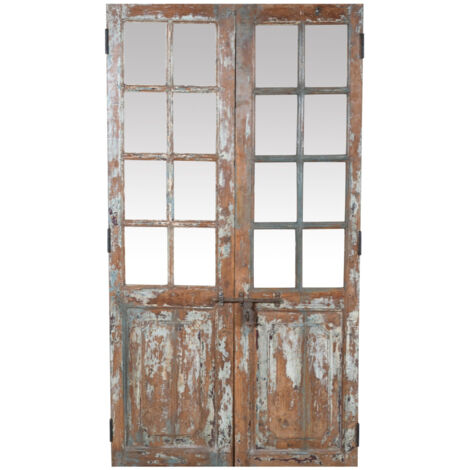 Porta portone in legno massello e ferro da interno o da esterno vecchia e antica medievale con vetro (1/4)